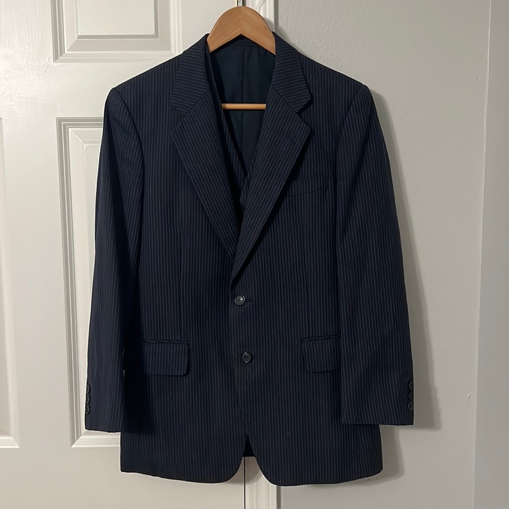 Takashimaya Japanese three piece blue pinstripe wool suit. Fits a size 8.